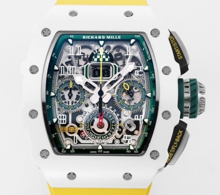 KV Factory Richard Mille Replica Watches RM11 White Ceramic Yellow Rubber Strap