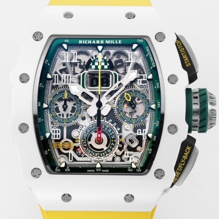 KV Factory Richard Mille Replica Watches RM11 White Ceramic Yellow Rubber Strap