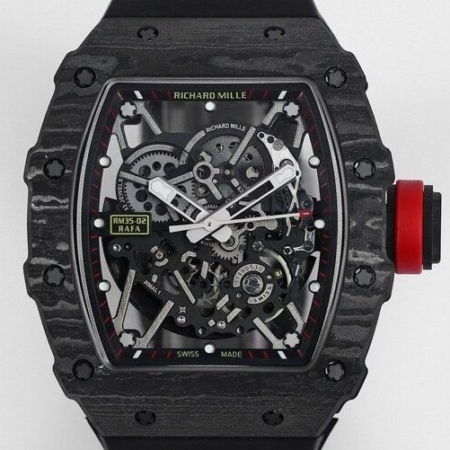 Explore the Richard Mille RM35-02 carbon fiber case watch reproduced by the BBR factory, showing the unique design and exquisite craftsmanship of the billionaire's RICHARD MILLE RM 35-02 RAFAEL NADAL fully automatic mechanical watch.